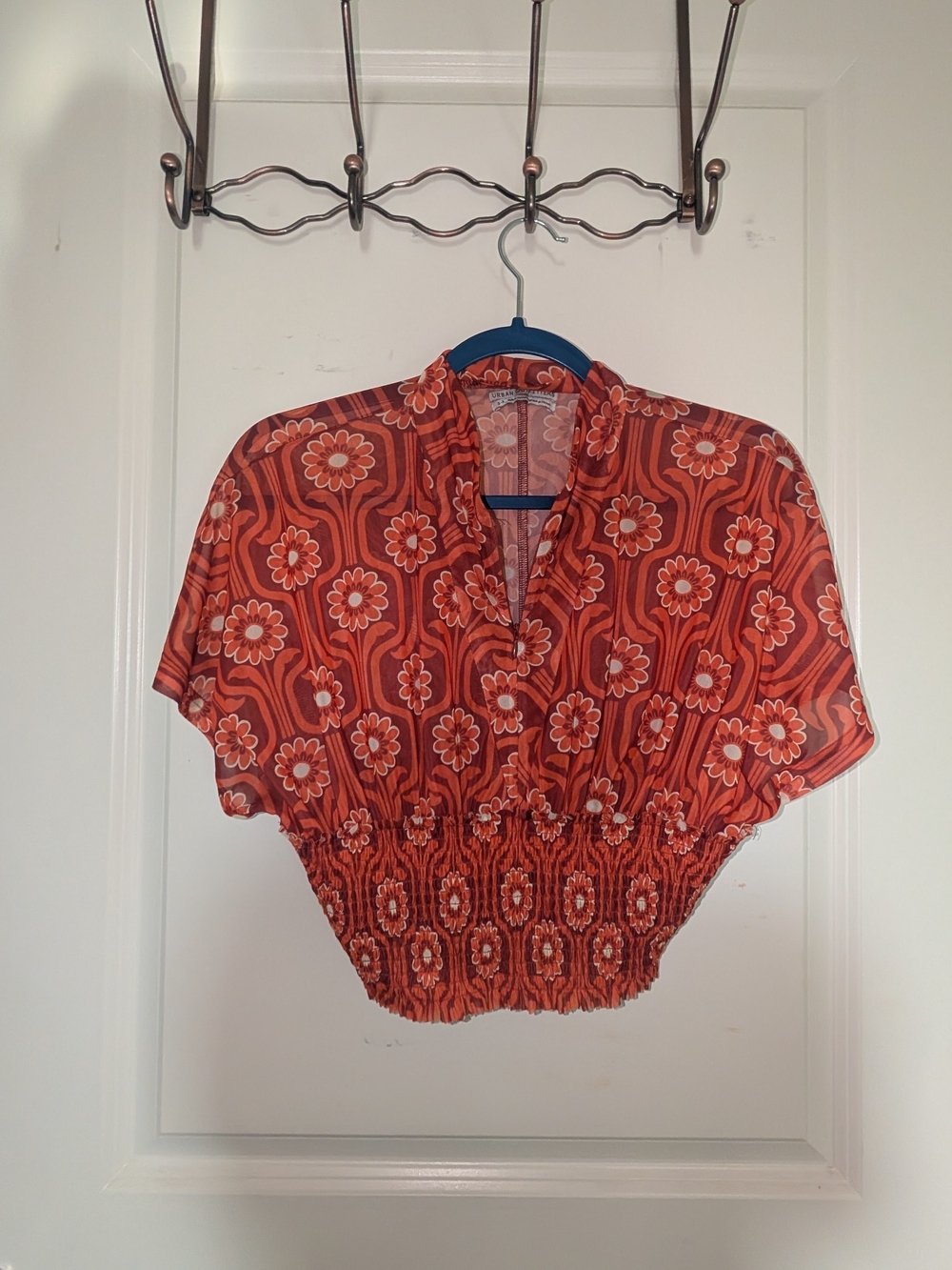 Urban Outfitters Orange Rust Floral Smocked Crop Top 70s Hippie Disco Vibes